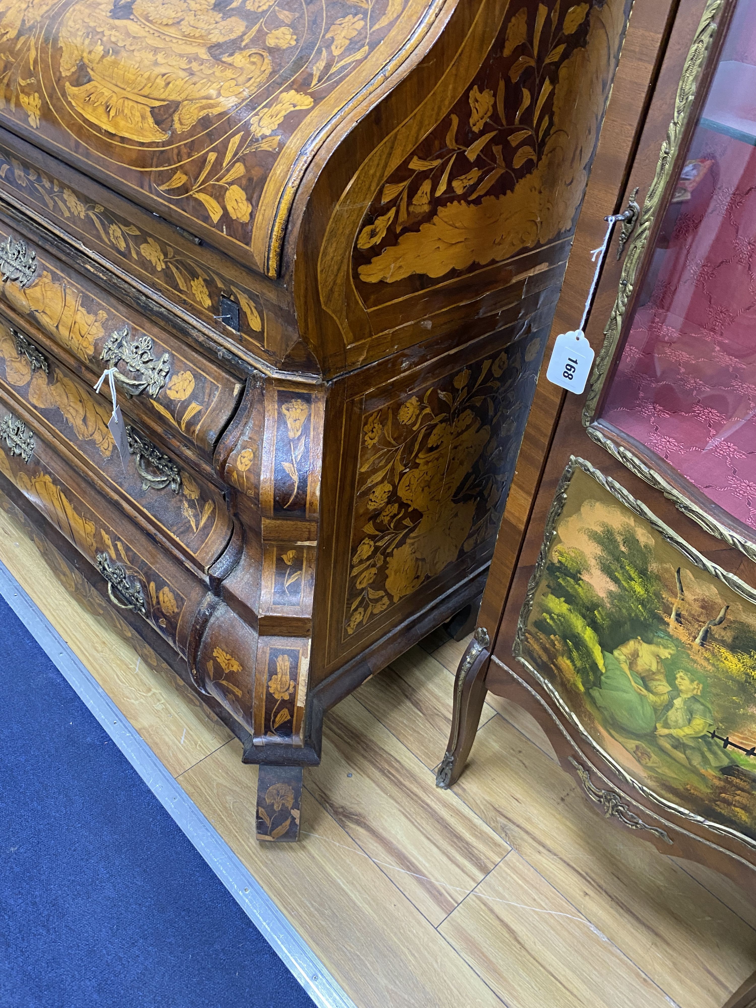 A Dutch floral marquetry walnut bombe bureau cabinet, width 120cm, depth 60cm, height 210cm